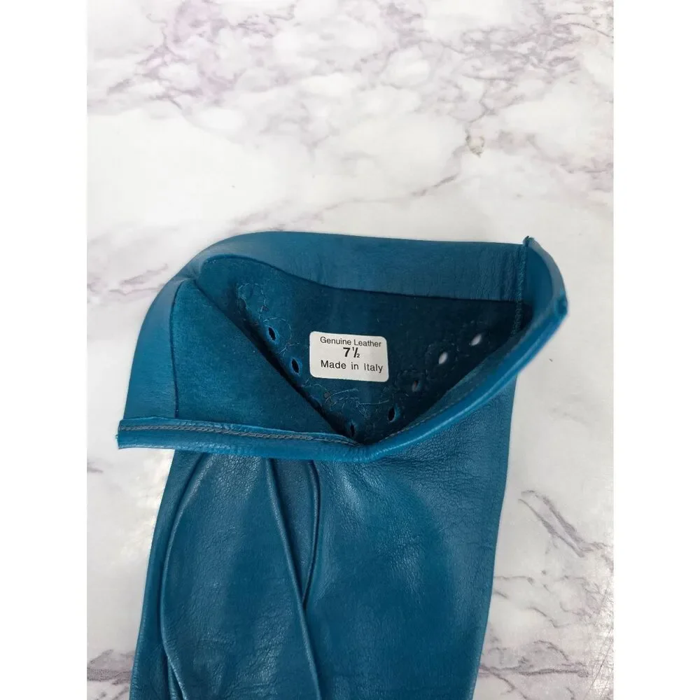 Vintage Italian Leather Teal Women's Driving Gloves with Perforated Eyelet